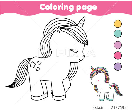 Coloring page with cute unicorn. Drawing kids activity. Printable fun for toddlers and children Coloring page with cute unicorn. Drawing kids activity. Printable fun for toddlers and children 123275933