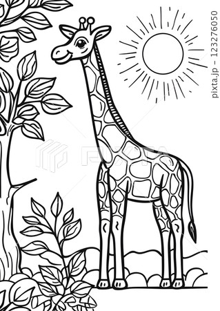 A white and black artistic representation of a Giraffidae mammal standing next to a tree branch in nature, showcasing the graceful form of this tall vertebrate organism 123276050