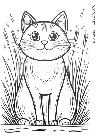 A cartoon drawing of a Felidae, a vertebrate mammal and carnivorous organism, sitting in the grass. The cats gesture is captured in this art piece, showcasing small to mediumsized cats 123276070