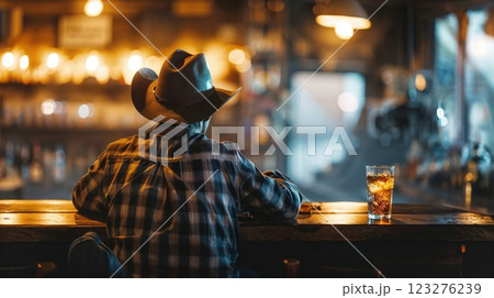 cowboy sits at a rustic bar with a plaid shirt and hat, gazing at the blurred, warm-lit interior, while a glass of whiskey with ice glimmers invitingly in the foreground cowboy sits at a rustic bar with a plaid shirt and hat, gazing at the blurred, warm-lit interior, while a glass of whiskey with ice glimmers invitingly in the foreground 123276239