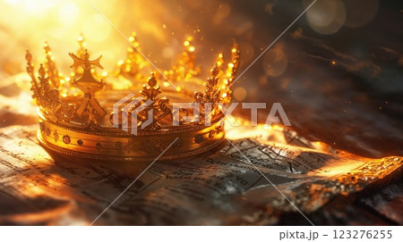 golden crown resting on ancient parchment, bathed in warm, glowing light, evoking themes of royalty, power, and timeless grandeur golden crown resting on ancient parchment, bathed in warm, glowing light, evoking themes of royalty, power, and timeless grandeur 123276255
