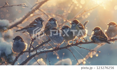 charming flock of sparrows perched on a snowy branch, bathed in soft golden sunlight, capturing the serenity and beauty of nature in winter charming flock of sparrows perched on a snowy branch, bathed in soft golden sunlight, capturing the serenity and beauty of nature in winter 123276256