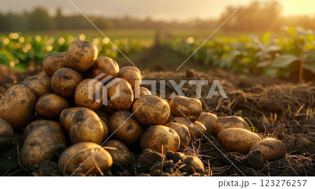 fresh pile of earthy potatoes harvested in a lush green field, illuminated by warm golden sunlight, symbolizing farm-to-table goodness and agricultural abundance 123276257