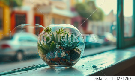 Miniature glass terrarium with succulent plants and colorful pebbles on windowsill, creating peaceful urban garden atmosphere with blurred city background 123276262