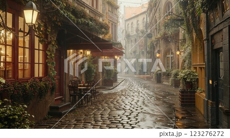 Charming European cobblestone street on rainy day with vintage lampposts and ivy-covered buildings. Cozy cafe exterior with outdoor seating and warm glowing windows in historic town setting 123276272