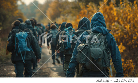 Group of hikers in raincoats walking along autumn trail. Atmospheric outdoor scene with people wearing backpacks exploring forest path during fall season, golden foliage in background Group of hikers in raincoats walking along autumn trail. Atmospheric outdoor scene with people wearing backpacks exploring forest path during fall season, golden foliage in background 123276273
