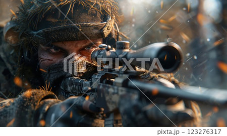 Military sniper in camouflage gear aiming rifle with scope in dramatic lighting. Professional tactical photography with atmospheric sunset effects 123276317