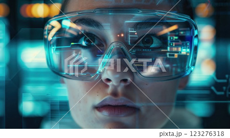 Futuristic augmented reality glasses displaying holographic interface with neon blue data visualization. High-tech cyberpunk portrait with digital overlay and modern technology concept 123276318