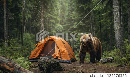 Startling encounter between a brown bear and orange camping tent in dense forest, highlighting the raw intersection of wilderness and human adventure in natural habitat 123276323