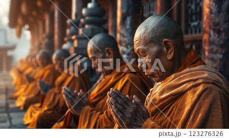 Buddhist monks in deep meditation with hands clasped in prayer, wearing traditional saffron robes, illuminated by warm morning light creating peaceful spiritual atmosphere 123276326