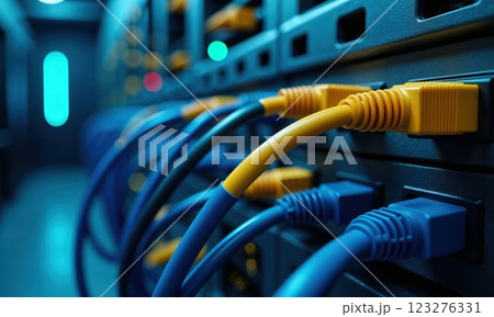 Network cables connected to server or switch panel with blue LED lights, showing yellow and blue ethernet connections in modern data center environment 123276331