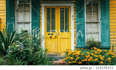 Charming New Orleans style house facade featuring bright yellow door and teal shutters, adorned with colorful marigolds and tropical plants creating vibrant southern street appeal Charming New Orleans style house facade featuring bright yellow door and teal shutters, adorned with colorful marigolds and tropical plants creating vibrant southern street appeal 123276333