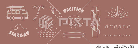 Simple line surf, ocean elements about freedon, siargao, island life, vibe. Icons for surfing camp merch, t hirt, stickers vector design. Simple line surf, ocean elements about freedon, siargao, island life, vibe. Icons for surfing camp merch, t hirt, stickers vector design. 123276385