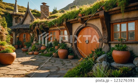 charming hobbit-style house with a round door surrounded by lush greenery and vibrant flowers. The cozy, nature-integrated architecture evokes a whimsical and peaceful countryside atmosphere 123276393