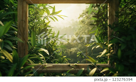 Beautiful nature scene framed by a wooden frame, showcasing lush greenery and sunlight filtering through the leaves. This serene image emphasizes natural beauty and peaceful outdoor landscapes 123276394