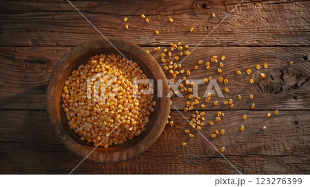 Close-up of yellow popcorn kernels in a wooden bowl, spilling onto a rustic wooden table. Natural light and organic textures create a cozy, homemade feeling of comfort food preparation 123276399