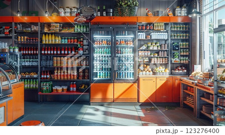 Bright and vibrant view of a well-stocked kitchen fridge and shelves displaying a variety of drinks and sauces. The arrangement suggests a modern, organized, and functional food and beverage area Bright and vibrant view of a well-stocked kitchen fridge and shelves displaying a variety of drinks and sauces. The arrangement suggests a modern, organized, and functional food and beverage area 123276400