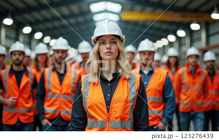 diverse group of construction workers in bright orange vests and hard hats stands confidently in an industrial workspace, showcasing teamwork and safety in the construction industry diverse group of construction workers in bright orange vests and hard hats stands confidently in an industrial workspace, showcasing teamwork and safety in the construction industry 123276439