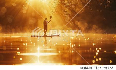 person enjoying a peaceful sunrise while paddleboarding on a calm river, surrounded by a glowing golden mist and sparkling water, with the sun casting rays of light 123276472