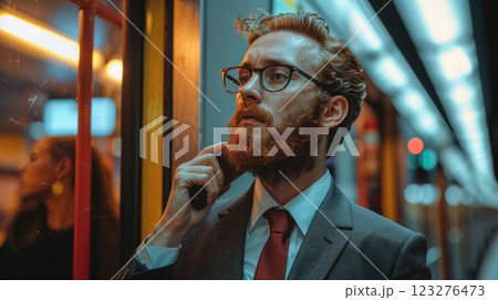 A man with a beard and glasses, dressed in a sharp suit, stands thoughtfully inside a subway train, illuminated by vibrant urban lights, conveying a moment of introspection in a bustling city 123276473