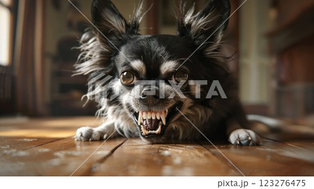 A close-up of an angry black and white dog showing its teeth, with intense eyes and a fierce expression, creating a powerful visual of a protective and defensive pet in action 123276475