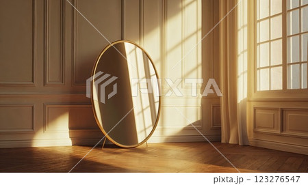 beautifully framed circular mirror rests in a sunlit room with soft light streaming in through the windows. The peaceful setting features elegant design and a serene ambiance, perfect for minimalist beautifully framed circular mirror rests in a sunlit room with soft light streaming in through the windows. The peaceful setting features elegant design and a serene ambiance, perfect for minimalist 123276547
