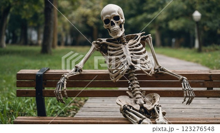 humorous yet eerie scene of a skeleton casually sitting on a park bench. The skeletal figure is surrounded by a lush, green park, offering a quirky and surreal moment in a peaceful natural setting humorous yet eerie scene of a skeleton casually sitting on a park bench. The skeletal figure is surrounded by a lush, green park, offering a quirky and surreal moment in a peaceful natural setting 123276548