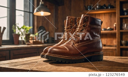 pair of rugged leather boots rest on a wooden table in a rustic setting, with warm light and a cozy environment. The boots' detailed design and craftsmanship stand out in this homely atmosphere pair of rugged leather boots rest on a wooden table in a rustic setting, with warm light and a cozy environment. The boots' detailed design and craftsmanship stand out in this homely atmosphere 123276549