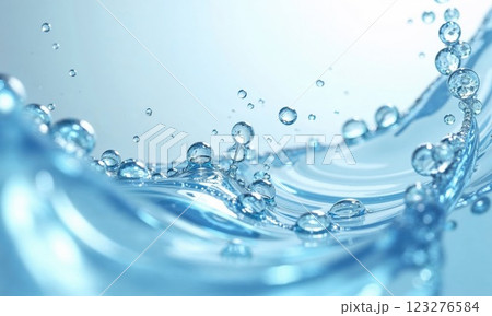 A stunning close-up shot of water splashing, with clear droplets and bubbles suspended in mid-air. The clean, refreshing feel of the blue liquid is captured in motion, evoking a sense of purity and A stunning close-up shot of water splashing, with clear droplets and bubbles suspended in mid-air. The clean, refreshing feel of the blue liquid is captured in motion, evoking a sense of purity and 123276584