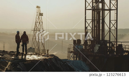 Two oil rig workers standing in silhouette against a warm golden light, observing the machinery and the vast industrial landscape. The image conveys teamwork and the oil extraction industry 123276613