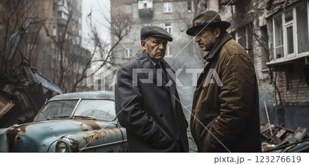 Two men in vintage clothing, standing in an urban alleyway with a rusted old car in the background. The image exudes a noir-like, dramatic atmosphere of the past 123276619