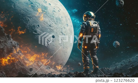 An astronaut standing on the surface of the moon, gazing at the planet Earth in the distance. The vastness of space and the beauty of the cosmos are captured in this otherworldly scene 123276620