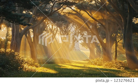 Golden sunlight filters through trees in a serene forest, casting dramatic beams across the lush green pathway, creating a peaceful and magical atmosphere in nature Golden sunlight filters through trees in a serene forest, casting dramatic beams across the lush green pathway, creating a peaceful and magical atmosphere in nature 123276621