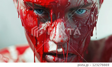 A close-up of a person face covered in dramatic red paint, exuding an intense, artistic expression, creating a powerful and raw visual statement with striking blue eyes A close-up of a person face covered in dramatic red paint, exuding an intense, artistic expression, creating a powerful and raw visual statement with striking blue eyes 123276669