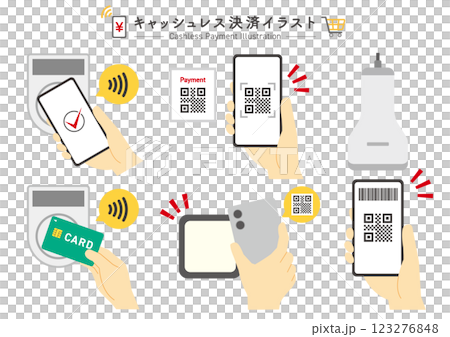 A set of illustrations depicting cashless payments 123276848