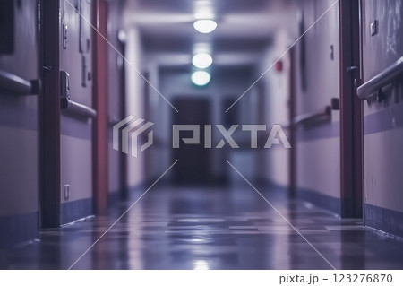 Dimly Lit Hospital Corridor with Blurred Perspective and Soft Light from Ceiling Fixtures Dimly Lit Hospital Corridor with Blurred Perspective and Soft Light from Ceiling Fixtures 123276870