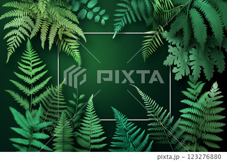 Green Leaves Arrangement with White Frame for Advertising Card or Invitation Design 123276880