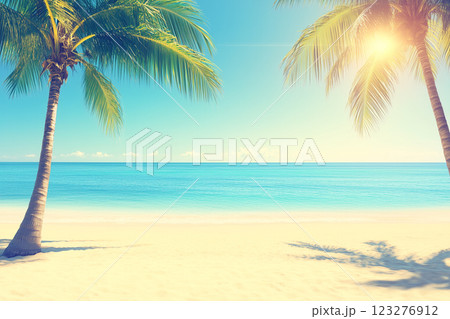 Vintage Toned Beach Scene with Sandy Shoreline, Coconut Palm Trees, and Ocean Flare 123276912