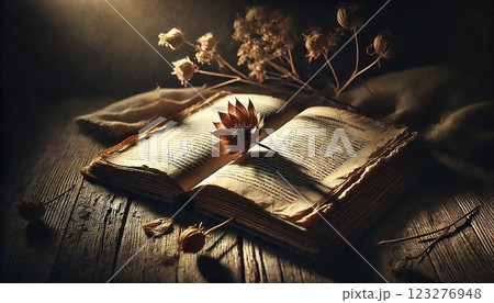 時を刻む古書と枯れ花が織りなす静寂の物語 123276948