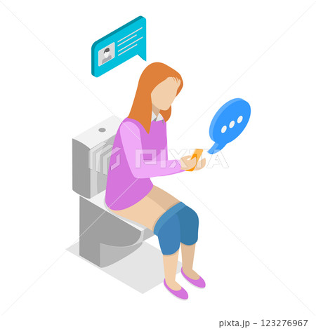 3D Isometric Flat Vector Illustration of Social Media Addiction, People Sitting on Toilet and Chatting with Friends. Item 1 3D Isometric Flat Vector Illustration of Social Media Addiction, People Sitting on Toilet and Chatting with Friends. Item 1 123276967