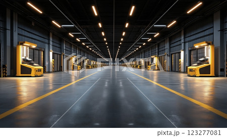 Modern warehouse interior showcasing automated machinery and bright lighting during peak operational hours. Generative AI 123277081