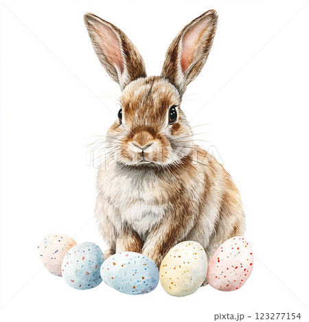 watercolor Easter rabbit with eggs on white background. Isolated clipart pastel colors for design watercolor Easter rabbit with eggs on white background. Isolated clipart pastel colors for design 123277154