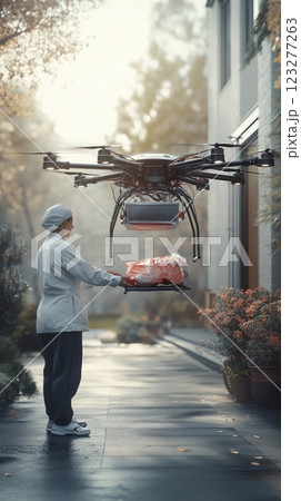 Delivery drone hovers above a chef holding a tray of fresh ingredients outside a modern kitchen in an autumn setting. Generative AI 123277263