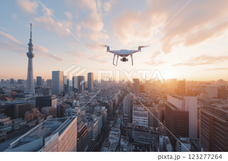 Captivating sunset view over Tokyo skyline with a soaring drone capturing the beauty. Generative AI 123277264