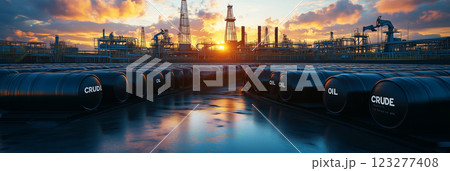 Crude oil trading concept at sunset with barrels and oil refinery backdrop 123277408