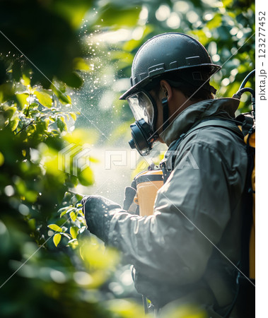 Pest control professional sprays garden plants for effective protection 123277452