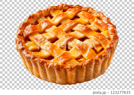 Golden brown lattice-topped apple pie isolated on a transparent background. Classic homemade dessert with a flaky crust and glossy caramelized surface. 123277635