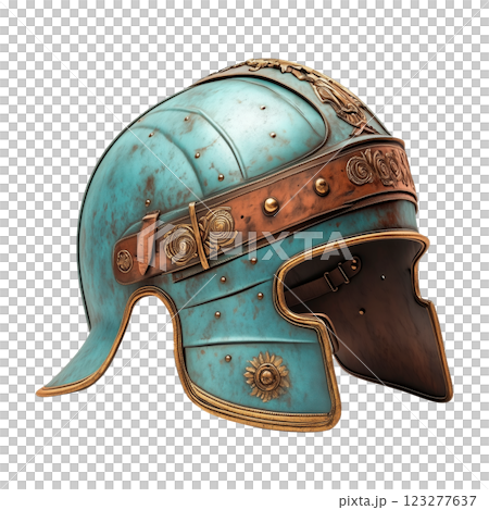 Ancient Roman helmet isolated on a transparent background. Historical metal headgear with intricate engravings, aged patina, and leather details. 123277637