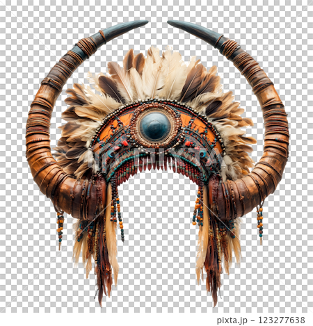 Tribal ceremonial headdress with large horns and feathers, isolated on a transparent background. Ornate ethnic war bonnet with beads, leather, and decorative embellishments 123277638