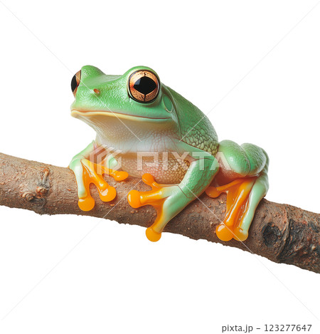 Vibrant green tree frog perched on a branch, isolated on a transparent background. Close-up of a colorful amphibian with bright orange webbed feet, large reflective eyes, and textured skin. 123277647